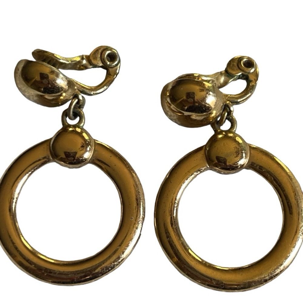 Vintage Gold Tone Hoop Clip-On Earrings Retro Statement Dangle Earrings